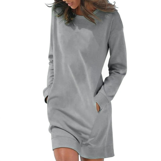 Robes T-Shirt pour Femmes Col Ras du Cou Unies Imprimées Robe à Manches Longues Décontractée Ample Robes d'Automne avec Poches