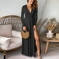 thumbnail image 2 of Dpytoraw Women's Deep V Neck Long Sleeve Long Dresses Pleated High Waist Slit Club Party Evening Maxi Dress Black L, 2 of 5