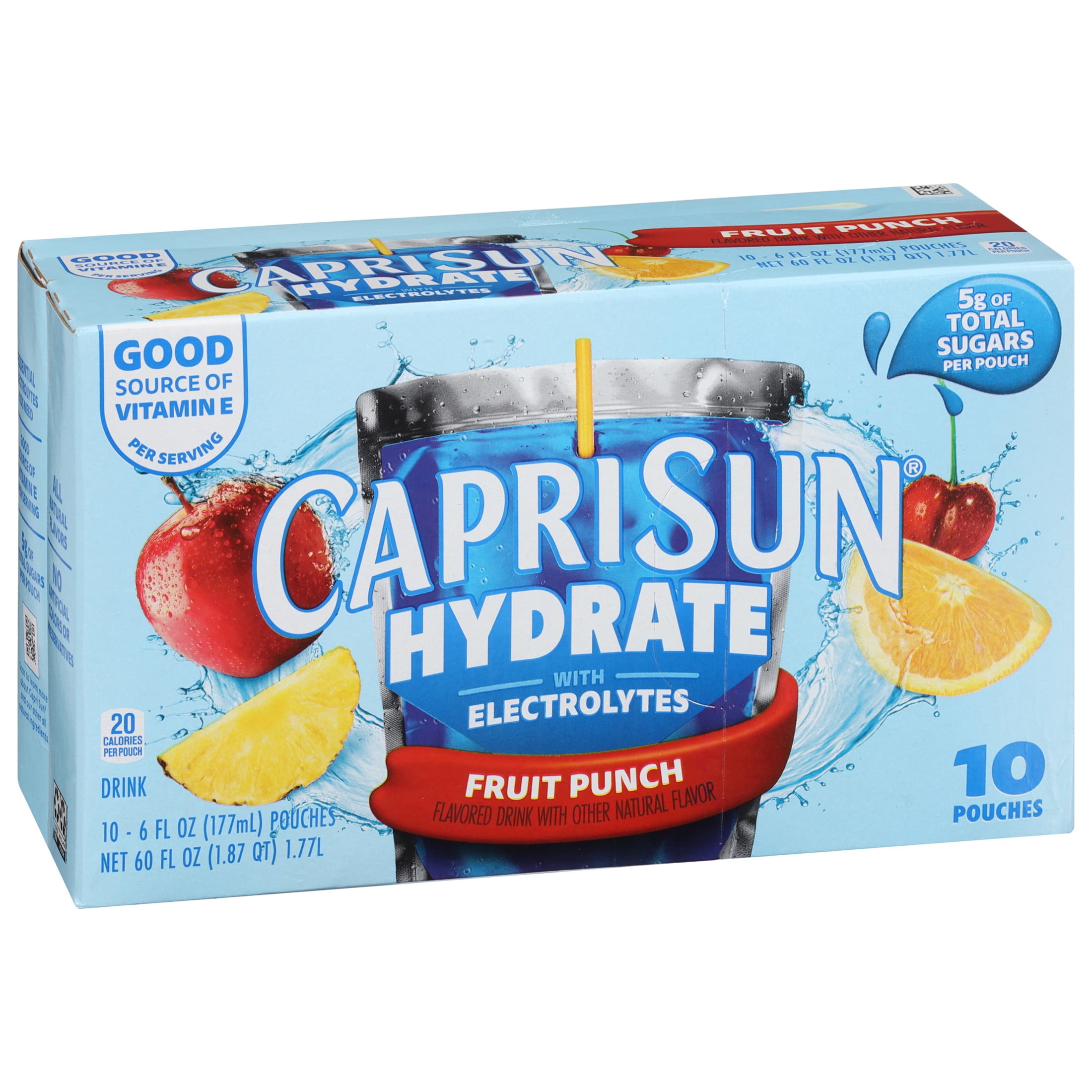 (4 pack) Capri Sun Hydrate with Electrolytes Flavored Drink with Other Natural Flavor, 10 Pouches, for On-the-Go Hydration and School Lunches, Fruit Punch, Good Source of Vitamin E, 6 oz
