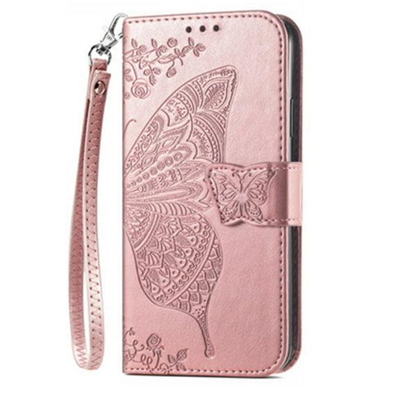 Butterfly Embossed PU Leather Stand Card Holder Wrist Strap Flip Folio Cover for iPhone 14 Pro