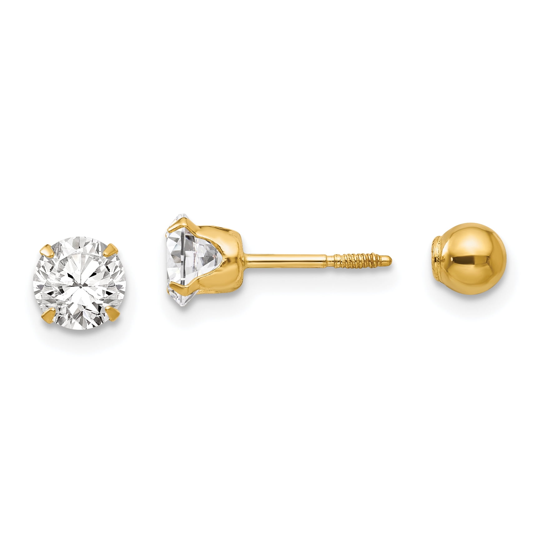 14K Yellow Gold Madi K Childrens 4 MM Reversible Ball and CZ Screw Back Stud Earrings