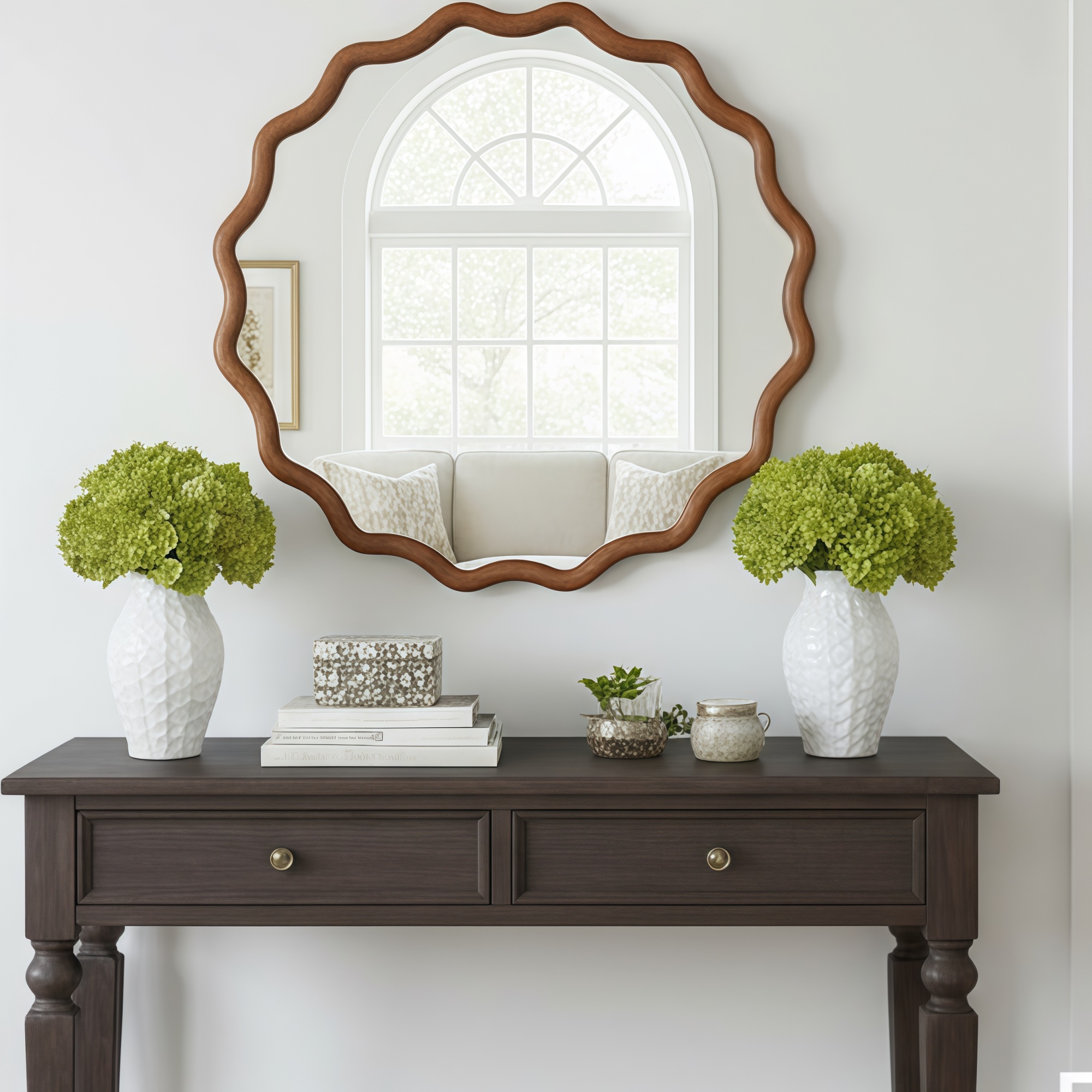 Leumius 30" Wavy Round Mirror, Solid Wood Frame Decorative Mirror for Bedroom Bathroom Living Room Entryway Brown