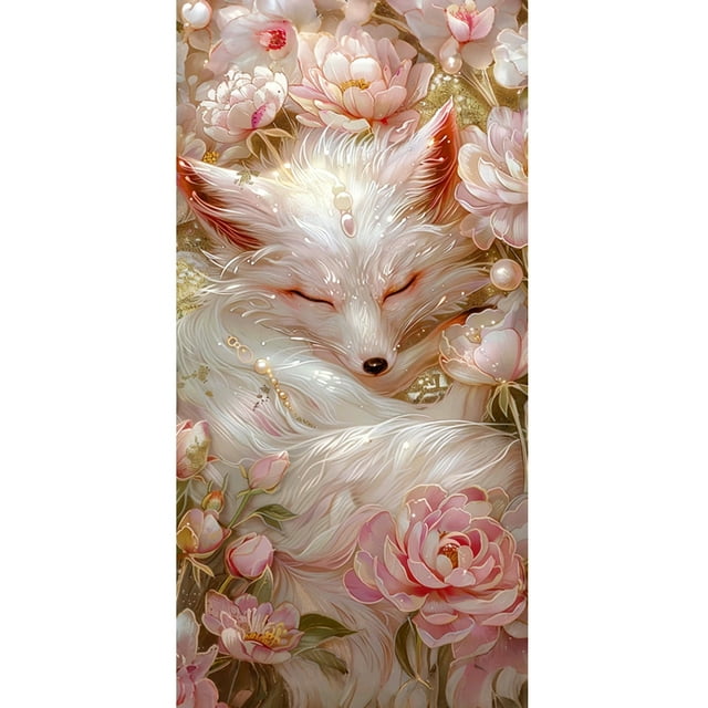 Art Point de Croix 2025 Fleurs Roses Renard Diy Mosaïque Complète Strass Animal Décoration Murale Maison, 30*40cm, Cadre Non Inclus.
