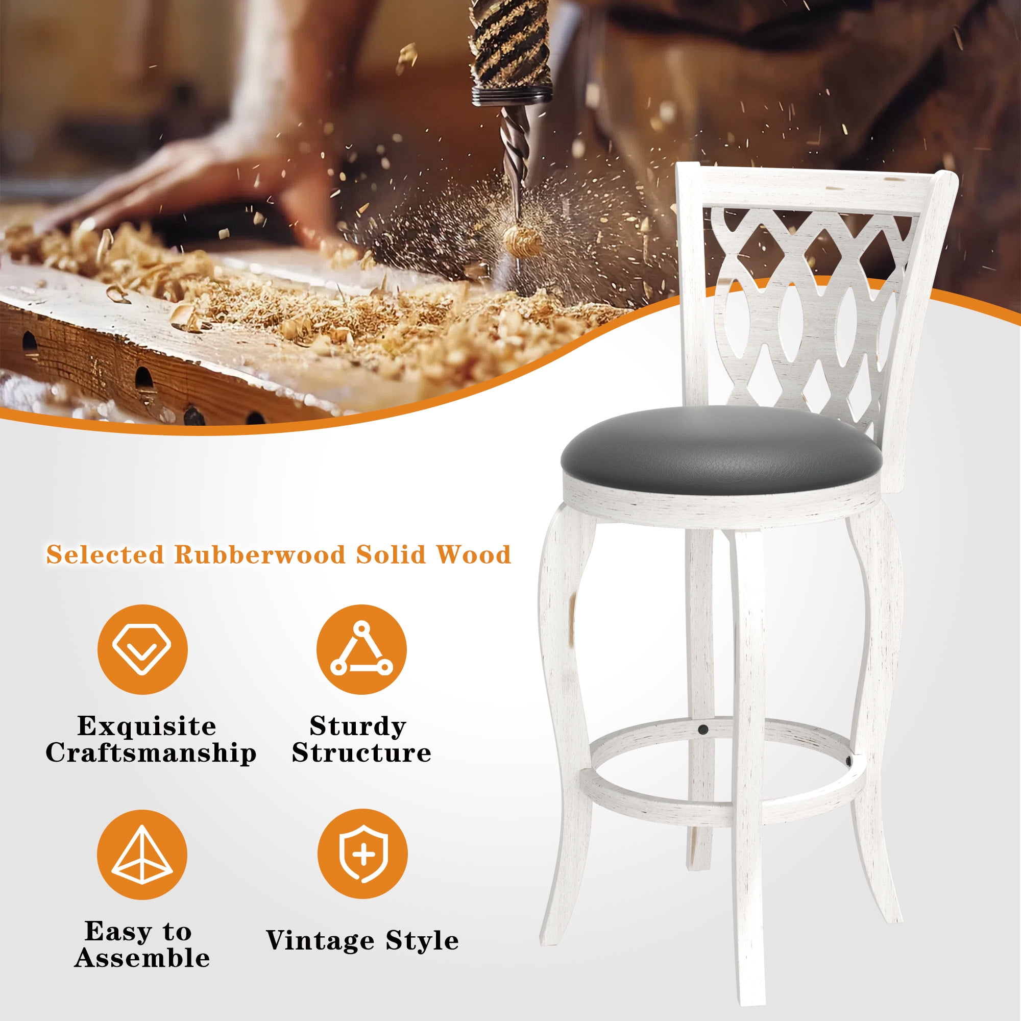 Joywind 29" Bar Height Swivel Bar Stools with High Back, Upholstered Seat & Solid Wood Footrest, White, Set of 2