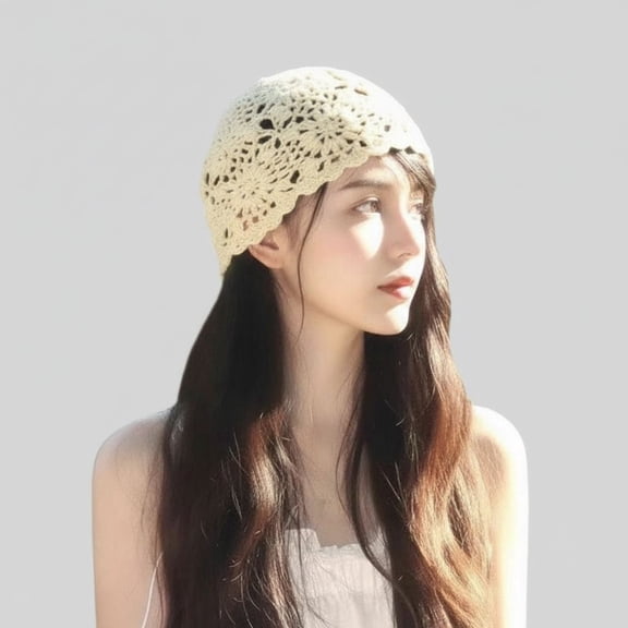 Beige Crochet Slouchy Beanie Hat Fall Handmade Knit Floral Skull Cap Cotton Cutout Summer Hats for Women Lightweight Knitted