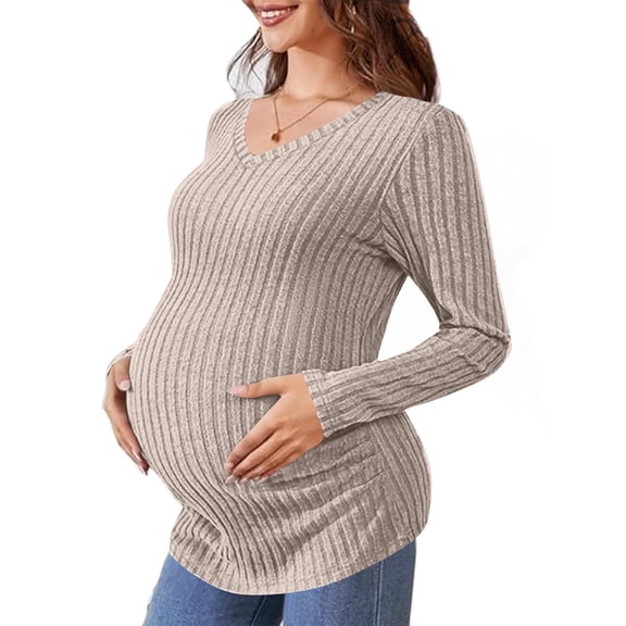 BRGZLK Women's Maternity Sweater Shirt Solid Color Trendy Knit Ribbed Long Sleeve V-Neck Rounded Hem Elastic Side Ruched Pregnant Clothes Sweater Khaki XL