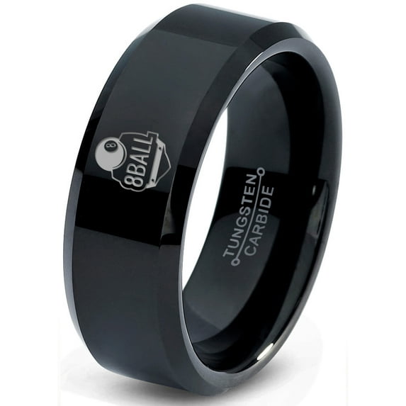 Tungsten 8-ball ring Band Ring 8mm Men Women Comfort Fit Black Beveled Edge Polished