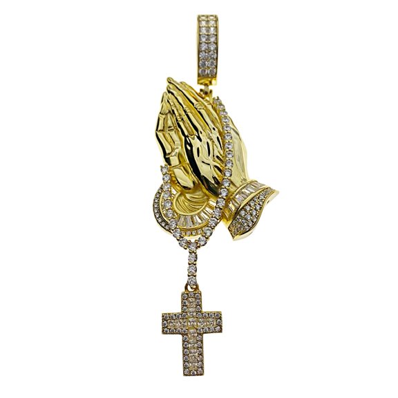 Praying Hands w/Cross Pendant Iced Gold over Real Solid 925 Sterling Silver Flooded Out CZ Hip Hop Charm