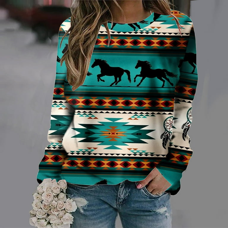 Fashion Deals Sale! RQYYD Fall Sweatshirt for Women Aztec Print Autumn  Pullover Tops Cute Crew Neck Long Sleeve Butterfly Graphic Sweatshirt  (Blue,L)