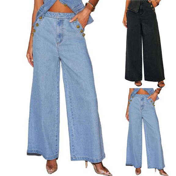 Women's High Waist Wide Leg Jeans Vintage Gold Buttons Loose Fit Denim Pants with Pockets Y2K Casual Street Jeans Fashion Bottoms Light Blue