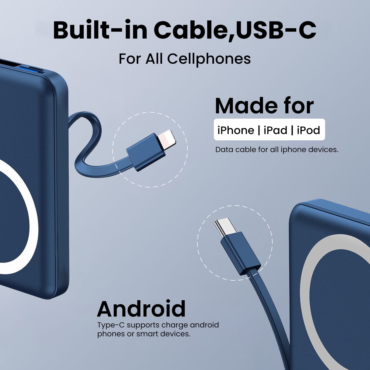 GASYESOY Portable Charger,10000mAh 20W Power Bank,Built-in Cables Fast Charging,with LED Display for iPhone 16/15/14/13/12 and Android,Blue