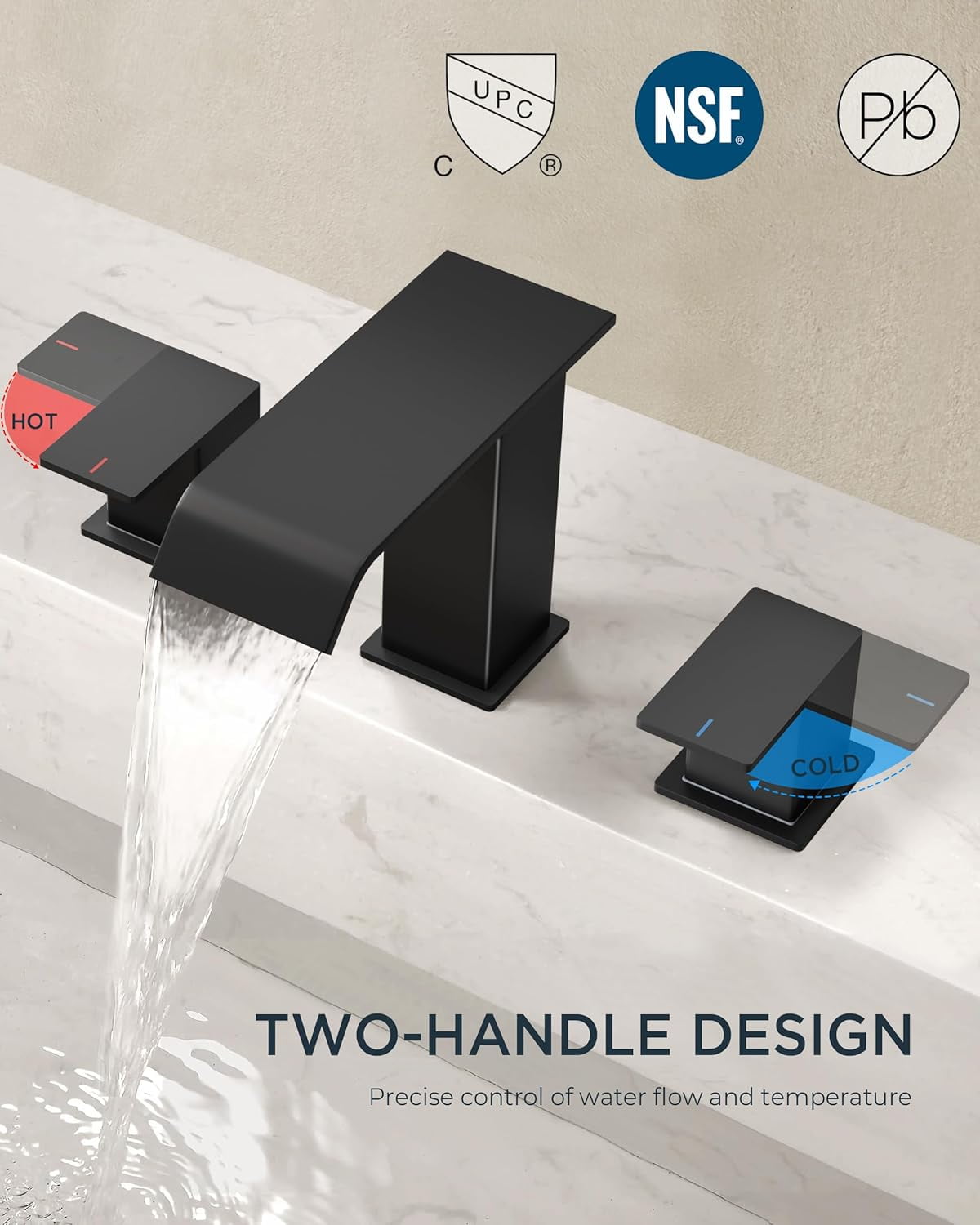 Bathroom Faucets 3 Hole,Matte Black 8 Inch Widespread Bathroom Sink Faucet Waterfall Spout, with Pop Up Drain and Water Supply, Suitable for Vanity Rv Commercial Lavatory Restroom