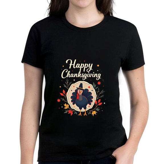 Colorful Thanksgiving Turkey T-Shirt for Women - Short Sleeve Cotton Tee with Autumn Leaves & Festive Design
