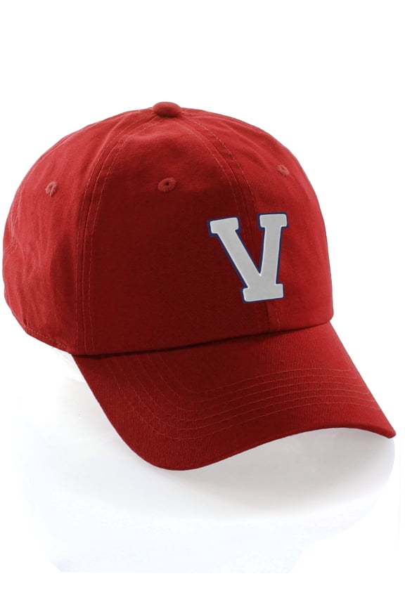 Customized Letter Intial Baseball Hat A to Z Team Colors, Red Cap Blue White Letter V