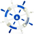 thumbnail image 1 of Wooden Ship Wheel (White & Blue Painted) - Rope, Fishnet & Sailboat Motif - 24 Inches, 1 of 5