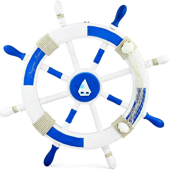 Wooden Ship Wheel (White & Blue Painted) - Rope, Fishnet & Sailboat Motif - 24 Inches