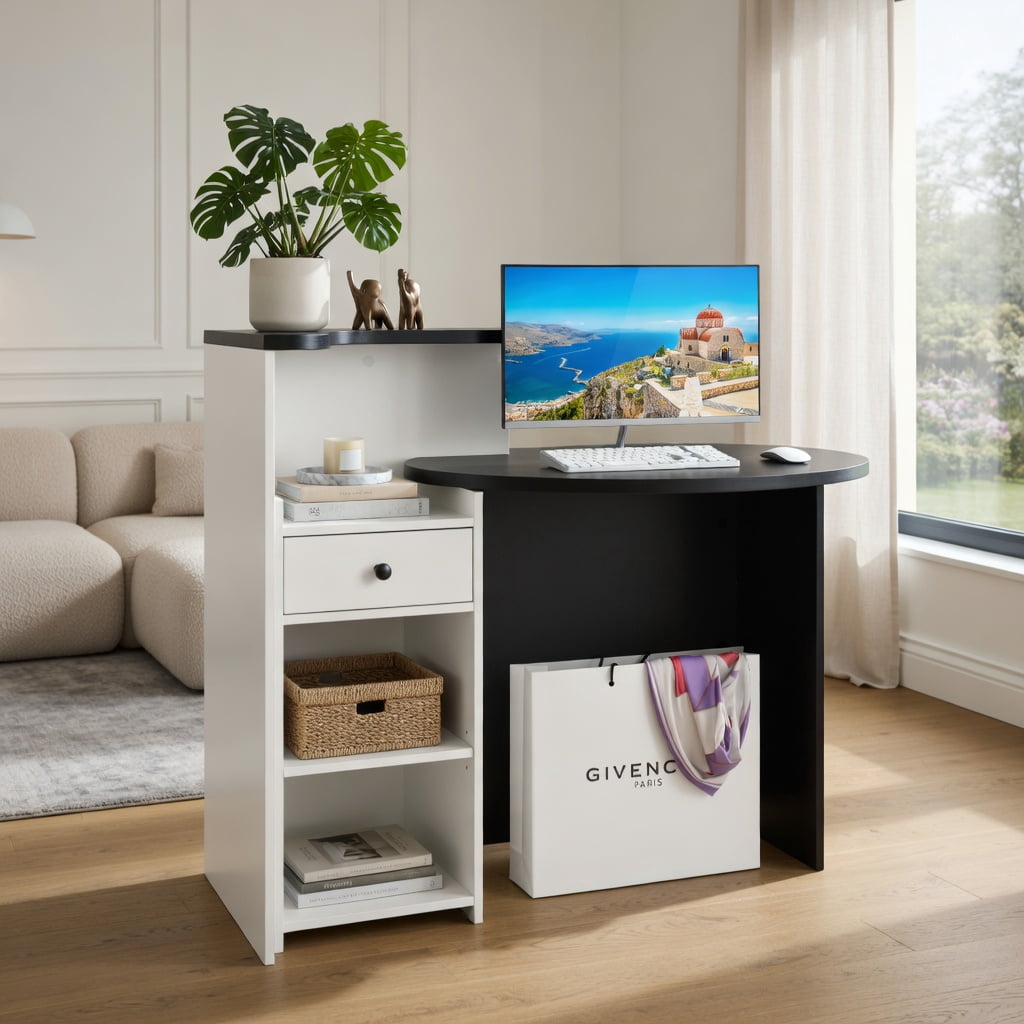 Demi Bonn Front Reception Office Desk with Open Shelf and Lockable Drawer, Small Home Computer Desk Study Writing Table, Black + White