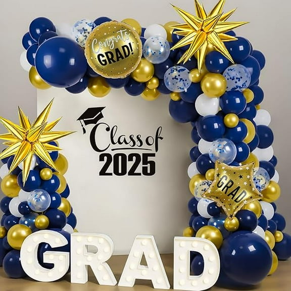 2025 Graduation Balloon Arch Garland Kit, 18" 10" 5" Navy Blue Gold White Balloons for Congrats Grad Decorations College High School Class of 2025 Party Supplies