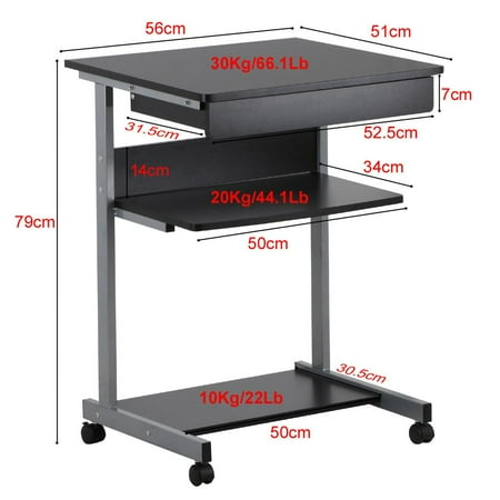Black Wood Small Laptop Computer Cart Desk With Drawers And