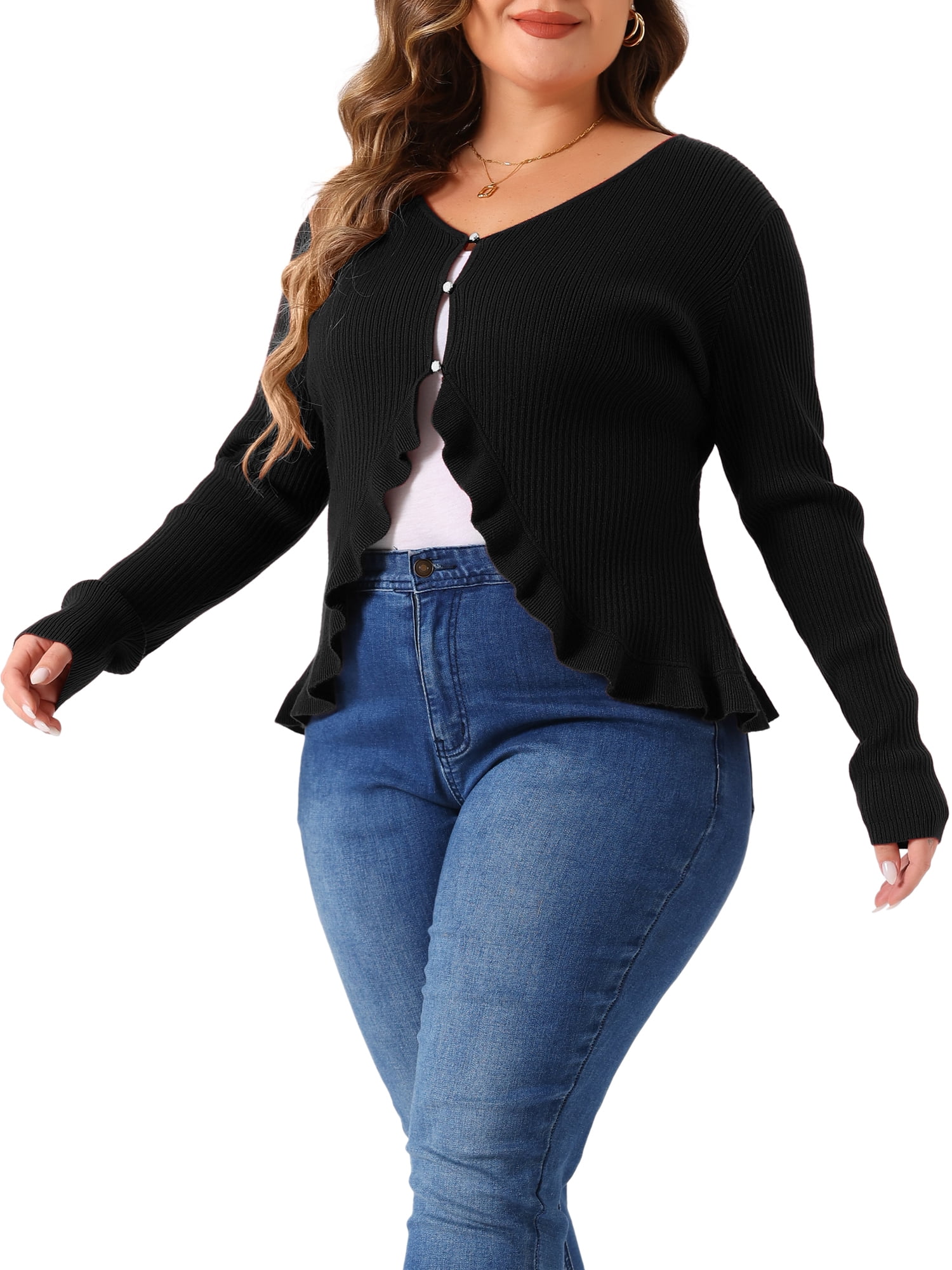 DARING DIVA Plus Size Knit Open Front Ruffled Button Cardigan 3X Black
