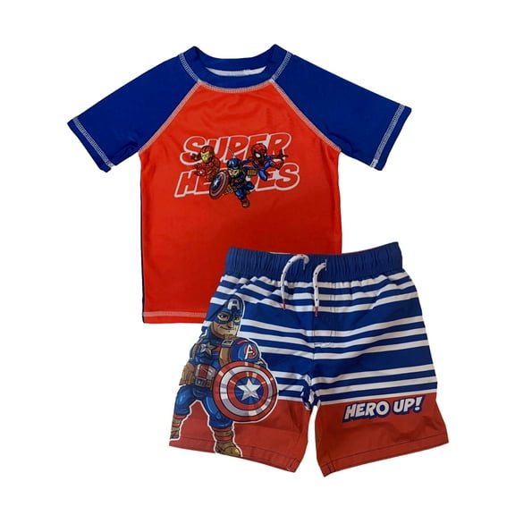 Marvel Avengers Toddler Boys' Super Hero Rash Guard and Swim Trunks Set, Sizes 2T-4T