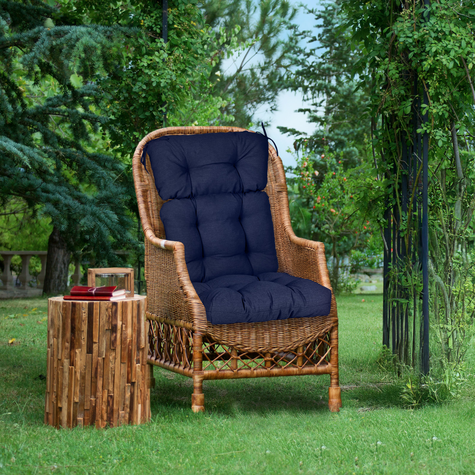Aoodor Outdoor 45"x 22" x5" Tufted High Back Cushions Patio Replacement Chair Cushion with Ties, Water and Fade Resistant for All Weather (Dark Blue, Set of 2）