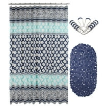 Venice Navy Blue Geometric Stainless Steel Shower Curtain Set, 72" x 72" Waterproof (14 Pieces)