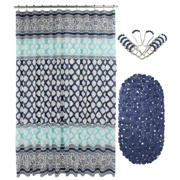 Venice Navy Blue Geometric Stainless Steel Shower Curtain Set, 72" x 72" Waterproof (14 Pieces)