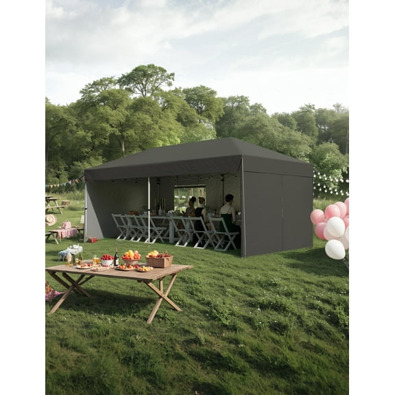 TROPOW Tents for Camping,10'x 20' Pop up Canopy Tent with 210 D Oxford Fabric, Portable Instant Commercial Canopy Including 4Pcs Sidewalls 12 Stakes 6 Sandbags for Farmers' Market, Camping,Black