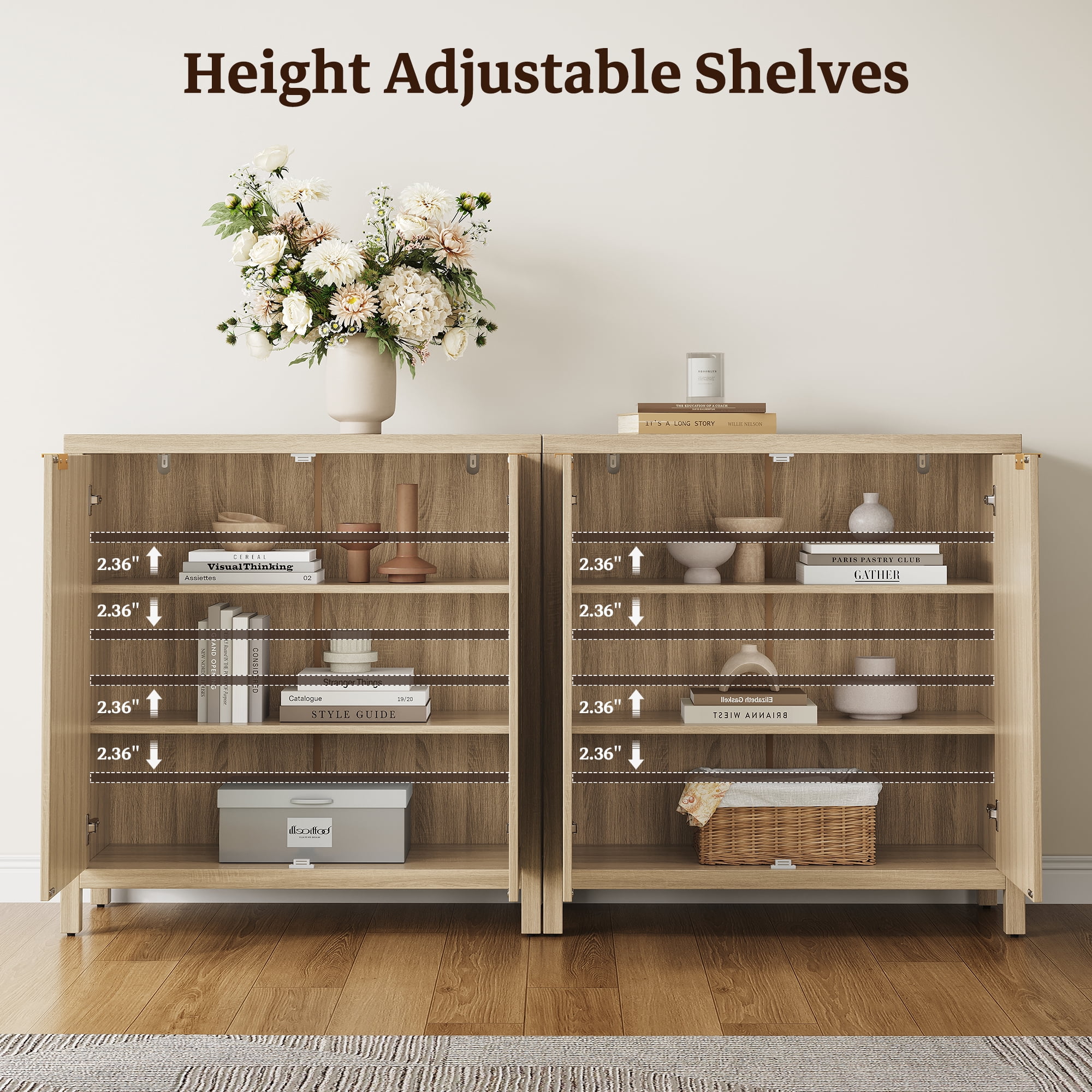 SICOTAS 34.2 Inch Wide Kitchen Pantry Cabinet with 2 Arch Rattan Doors, Rattan Buffet Cabinet with Adjustable Shelves for Kitchen Storage, Freestanding Organizer Sideboard Light Oak