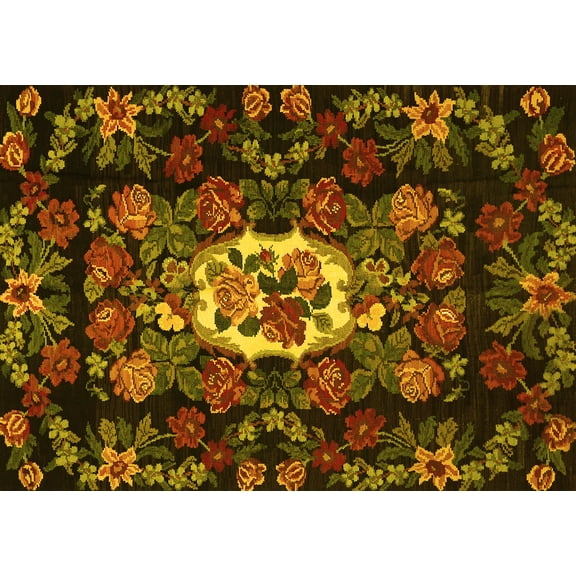 Ahgly Company Machine Washable Indoor Rectangle Medallion Yellow French Area Rugs, 5' x 7'