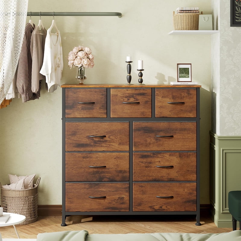 Kelno 9 Drawer Fabric Dresser Storage Tower Chest Organizer with Wood Top Steel Frame, Rustic Brown