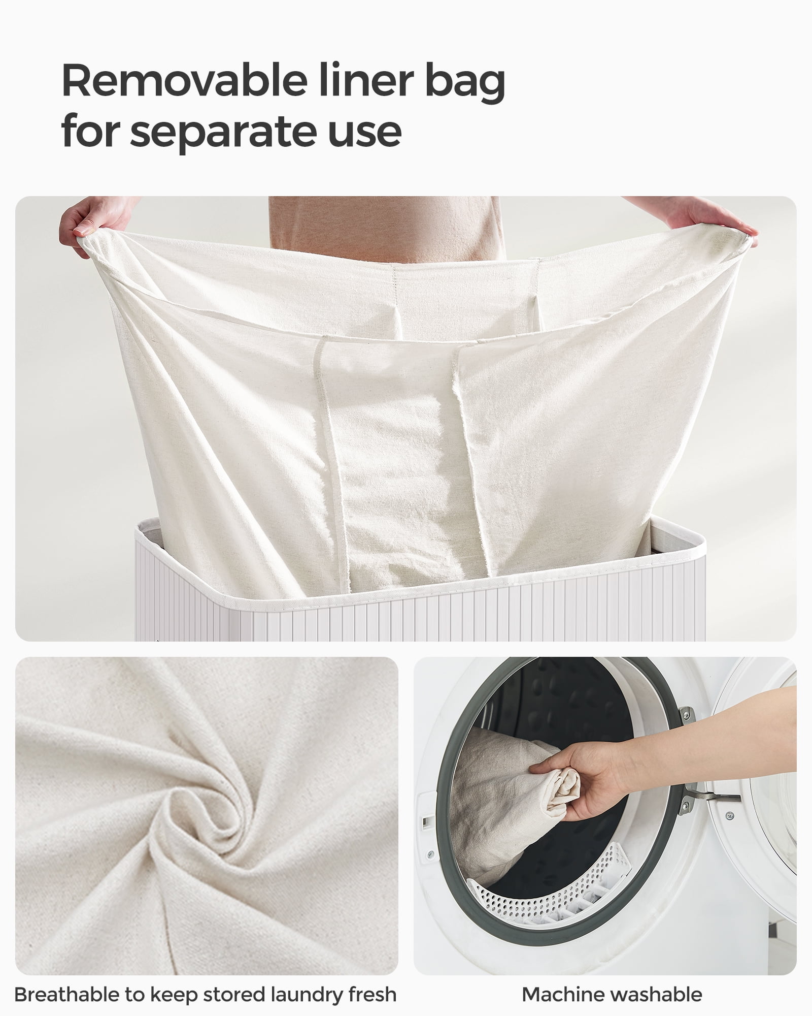 SONGMICS 39.6 Gallons Laundry Hamper, 3-Section Laundry Basket, Laundry Hamper with Lid, Bamboo, Foldable, Removable and Machine Washable Liner White