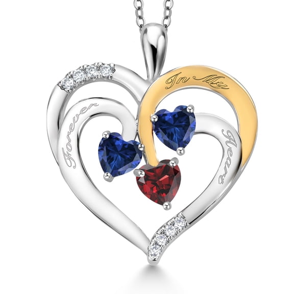 Gem Stone King Two Tone Blue Created Sapphire and Red Garnet Created Moissanite `Forever in My Heart` Engraved Pendant Necklace for Women (1.60 cttw, Heart Shape 5MM, 18 inch Chain)