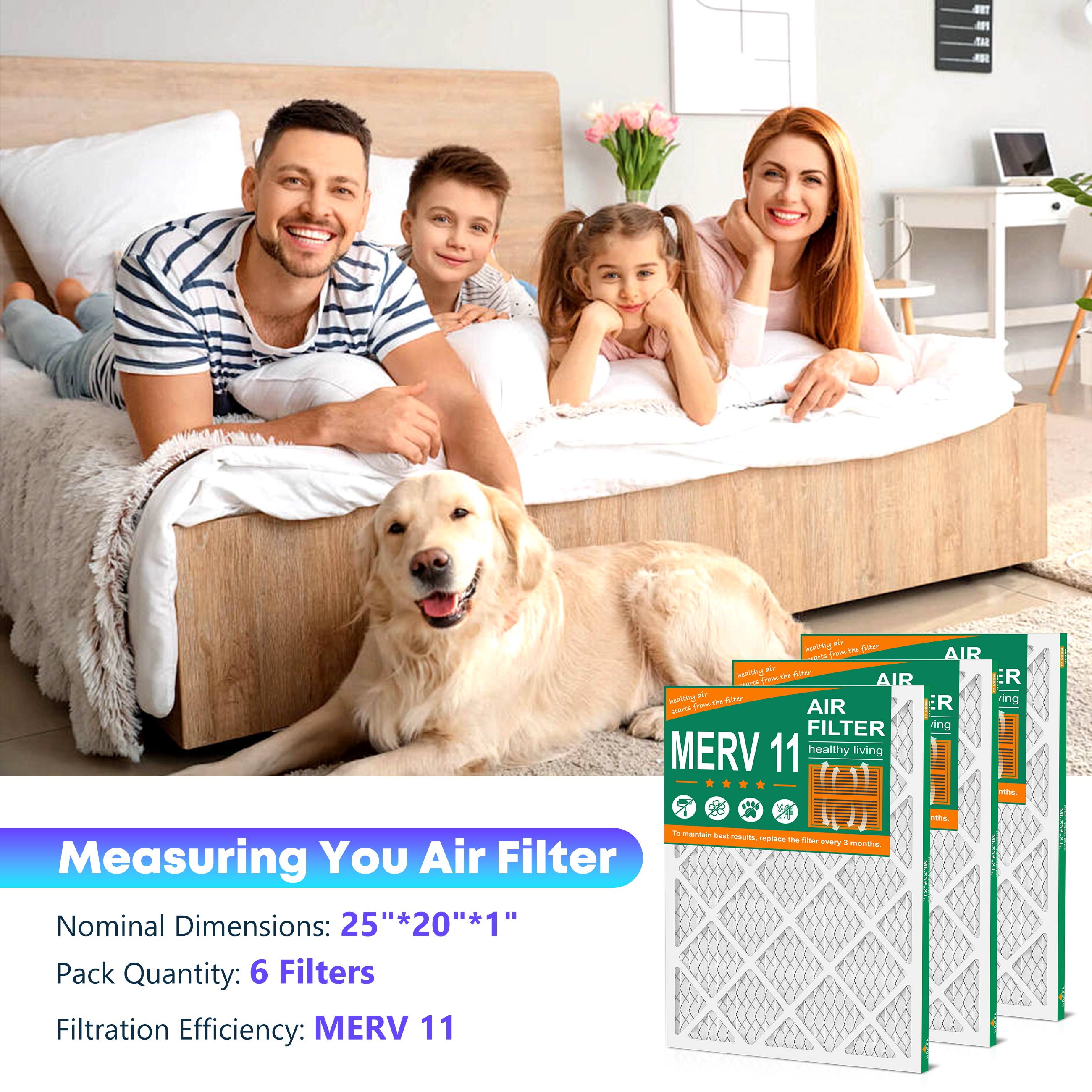 SUIXINEYI  20x25x1 MERV11 Air Cleaning Filter Non-Woven Fabric HVAC Furnace With Pleated Design for Home,6 Packs