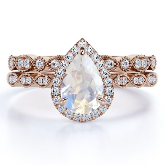 JeenMata 1.5 carat Pear Shaped Blue Moonstone and Moissanite Art Deco Bridal Set in 18k Rose Gold over Silver