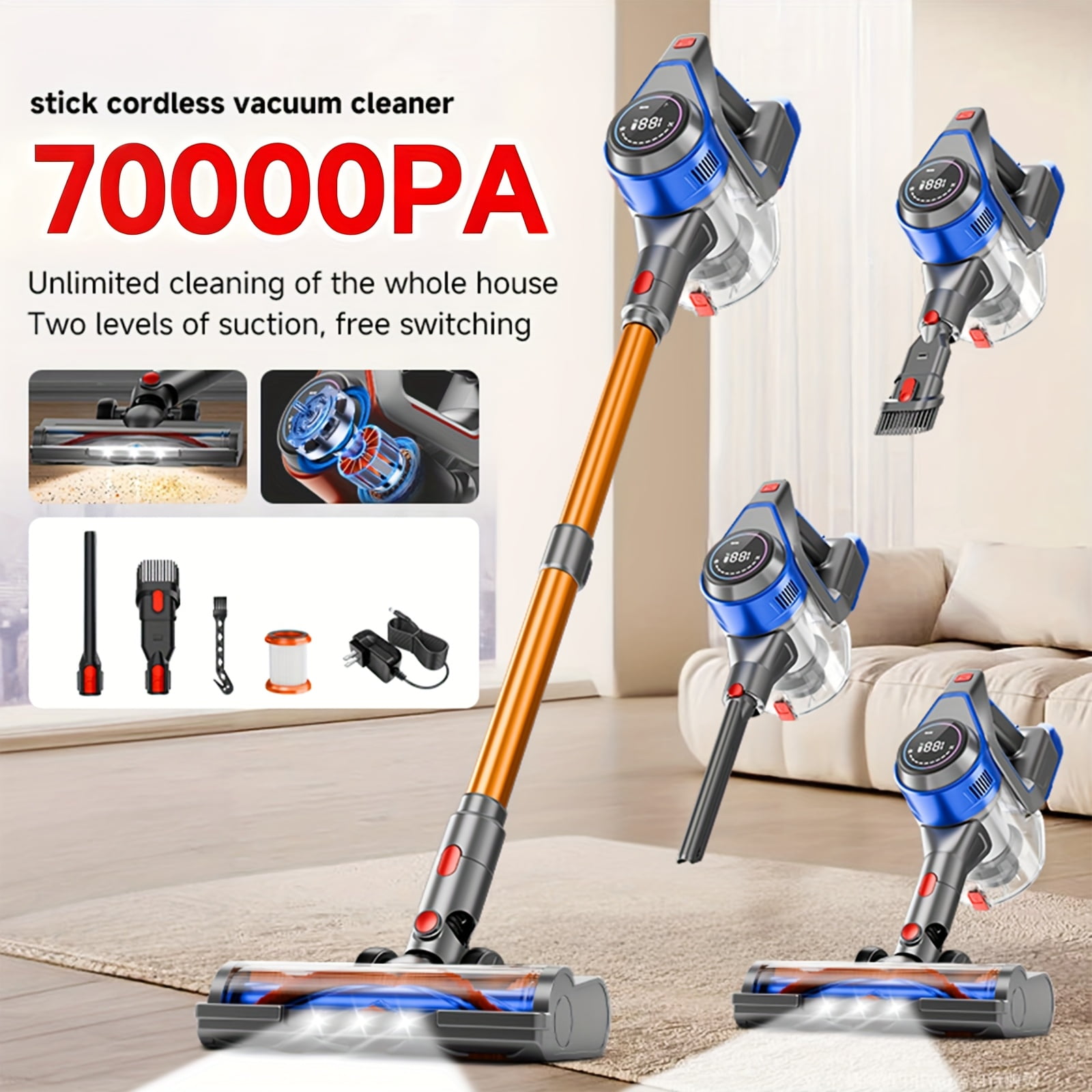 Cord and Cordless Vacuum Cleaner for Home, MAX 70Kpa Stick Vacuums Lightweight, some have with Detachable Battery Display, Max 45Mins Runtime, 8in 1 Handheld Vacuum for Hardfloor & Carpets Pet Hair