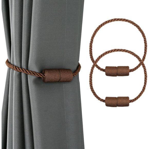 Fenghuangwu 2 Pack Curtain Tiebacks with Strong Magnetic,Outdoor Elegant Decorative Drapes Weave Holdbacks for Blackout Sheer Window Treatment, Upgrade (Charcoal)… (Coffee, Style 1)