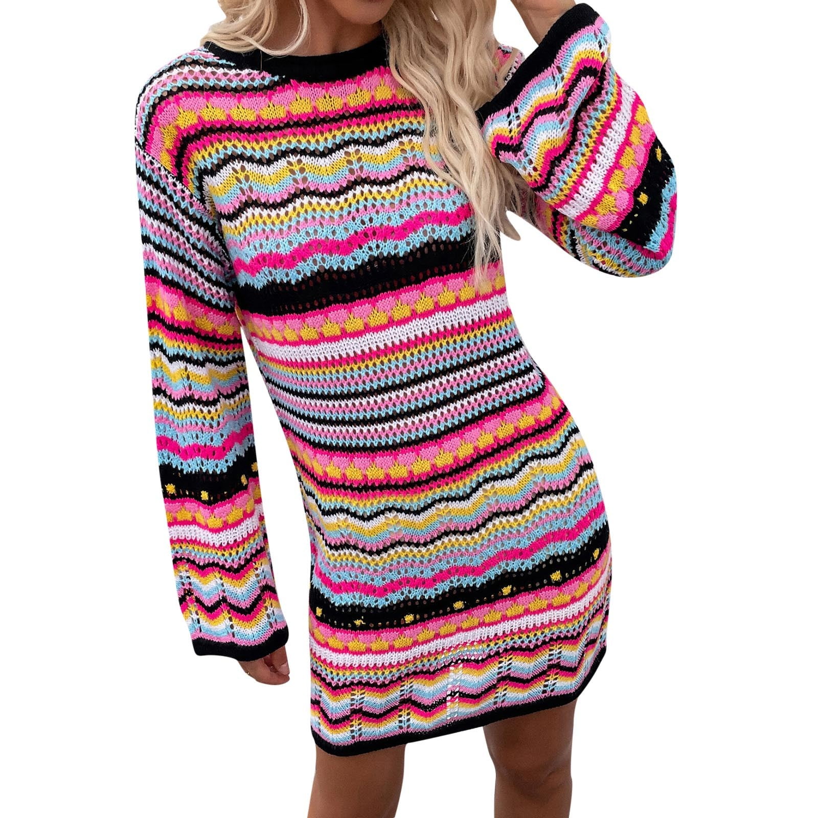 ZHUASHUM Women Rainbow Striped Long Sleeve Loose Crochet Striped Hollow