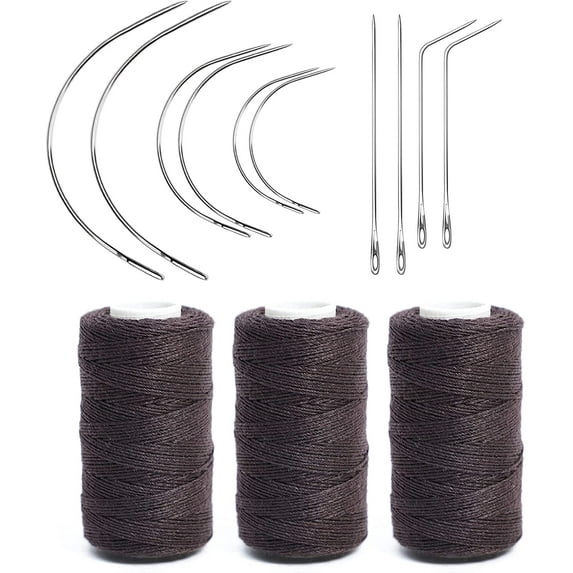 Weaving Needle Combo Deal 3 Thread with 10pcs Needle for Making Wig Sewing Hair Weft Hair Weave Extension Big Medium and Small C Shape Curved Needle with J I Needle (10 Needle, 3 Thread, Brown)
