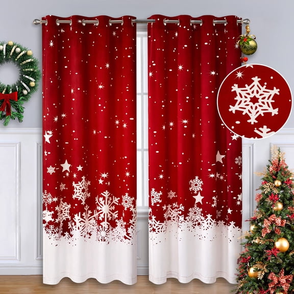 Christmas Curtains for Living Room 2 Panels Set, Velvet Fabric | Window Curtains 84 Inches Long, Floral Snowflake Decoration Curtain, Thermal Insulated Room Darkening Curtain, 52 x 84 Inches