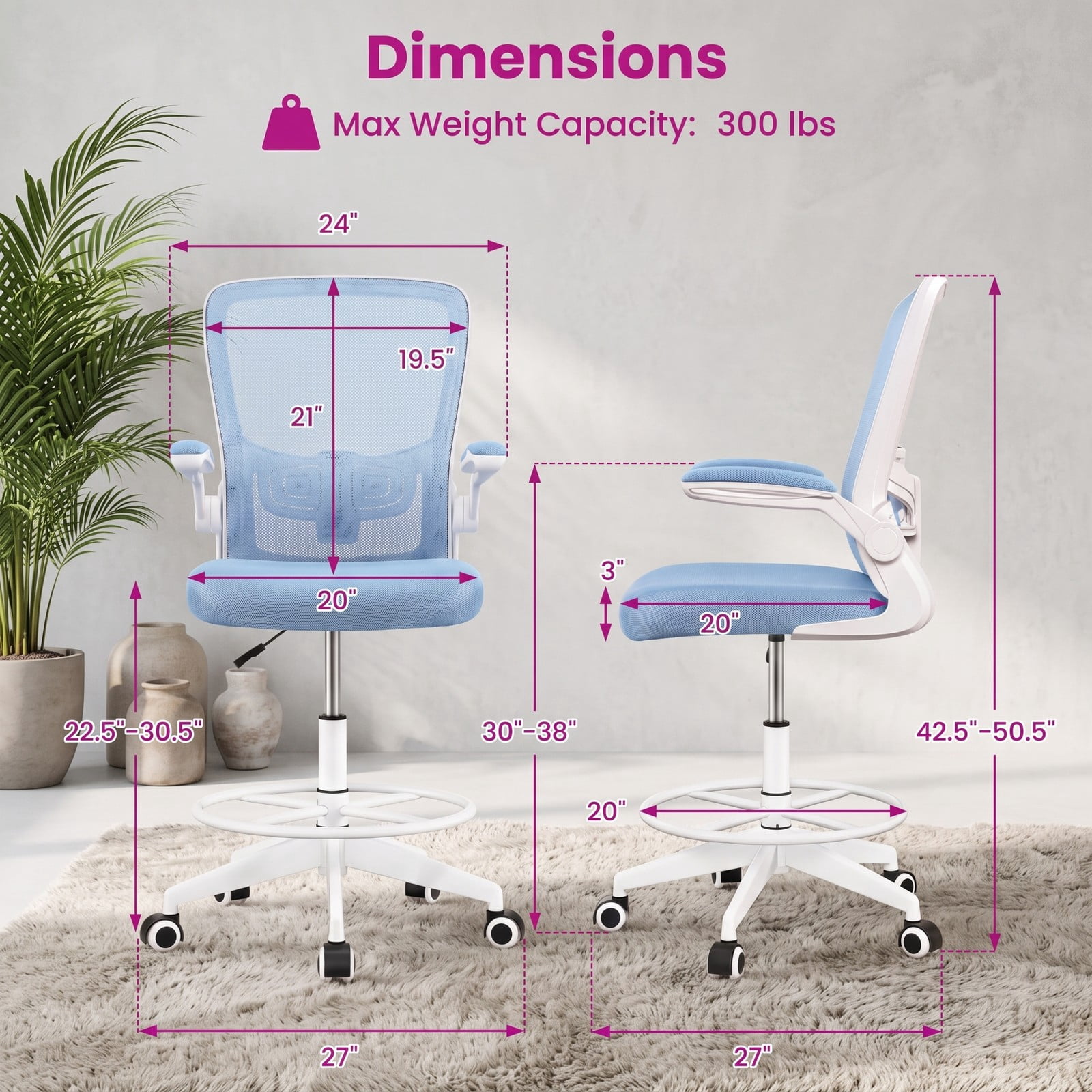 Furnibear Height Adjustable Drafting Chair with Flip-Up Arms for Home Office, Ergonomic Mesh Back Rolling Task Chair with Foot Ring and Lumbar Support, 360, Blue