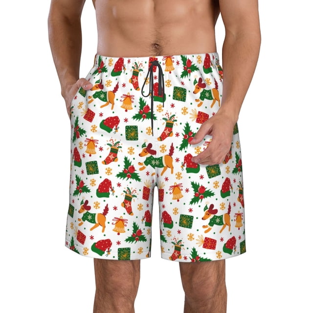 Balery Christmas Hat Cute Puppy Traje de Baño Estilo Hawaiano para Hombre, Shorts de Secado Rápido con Bolsillos-3X-Large