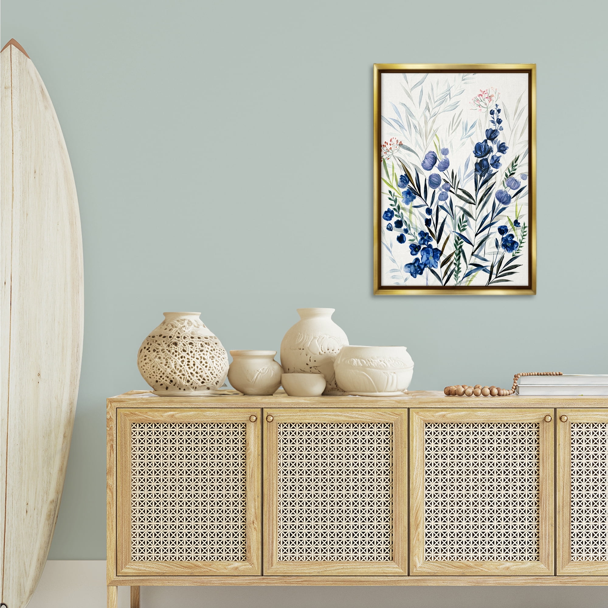 Stupell Industries Varied Indigo Herbs Plants & Flowers Painting Gold Floater Framed Canvas Art Print Wall Art, 21 x 31