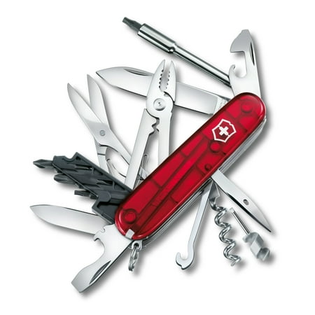 Victorinox Cyber Tool M Swiss Army Knife 32 Function Swiss Made Pocket Knife With Large Blade Multiple Bits (Hex Torx Philips) and Scissors - Red Transparent