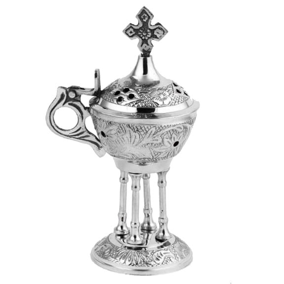 diollo Incense Burner Brass Censer Christian Orthodox Home Church Greek Byzantine Gold Thurible Height 6.25 Inch, Silver