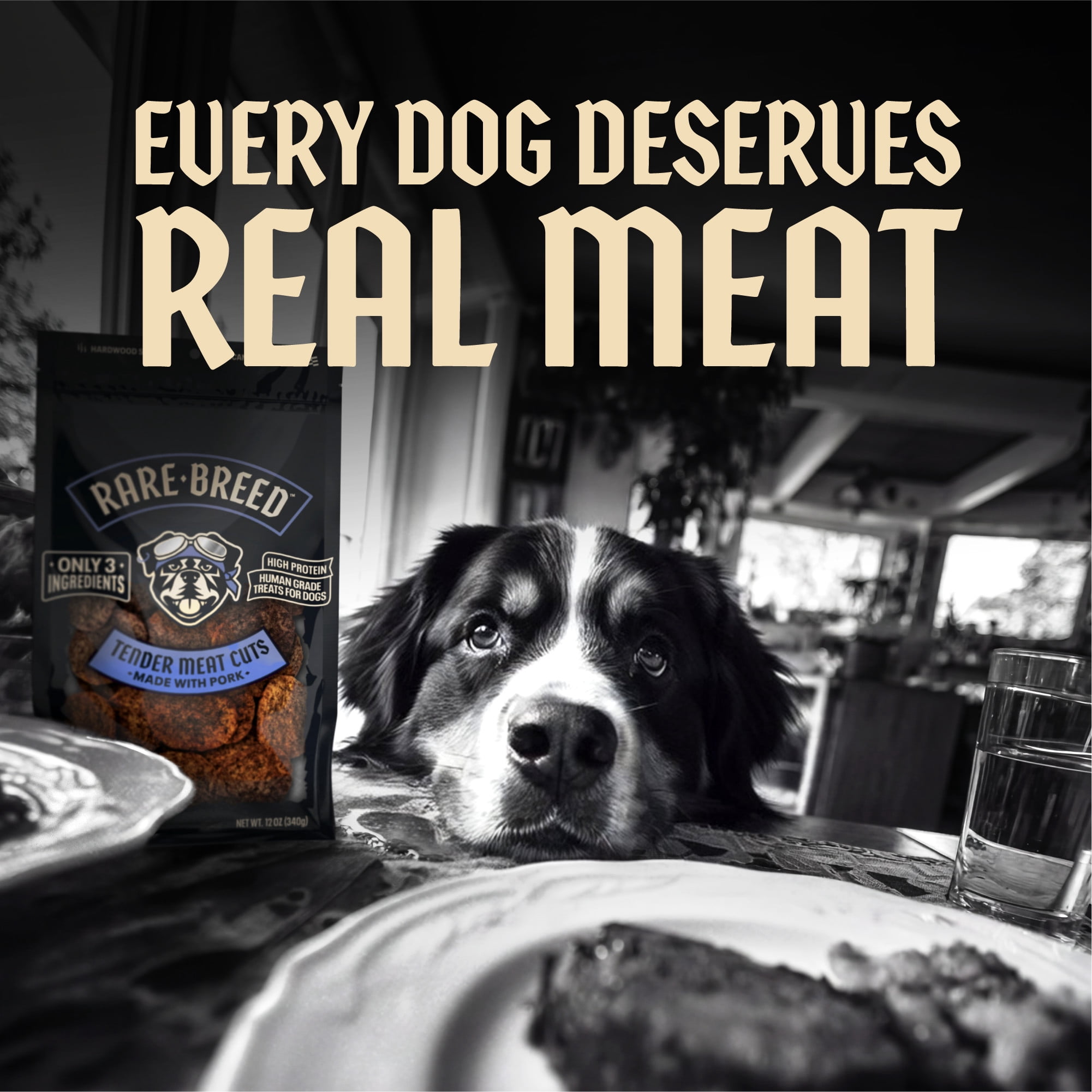 (4 pack) Rare Breed Dog Treats, 12 Ounce, Tender Meat Cuts Made with Pork, 3 Ingredients, Human Grade, for all Dog Sizes
