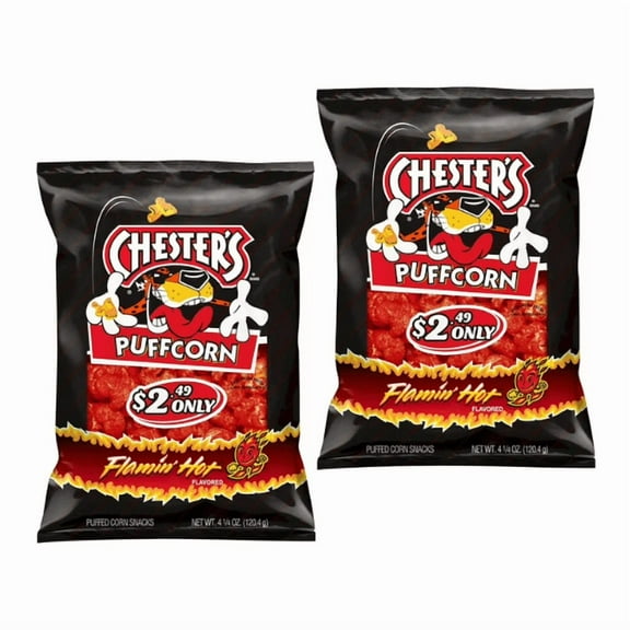 Chester's Puffcorn Flamin' Hot Flavored Puffed Corn Snacks, 4.25 oz Bag, Spicy & Crunchy Snack Pack of 2