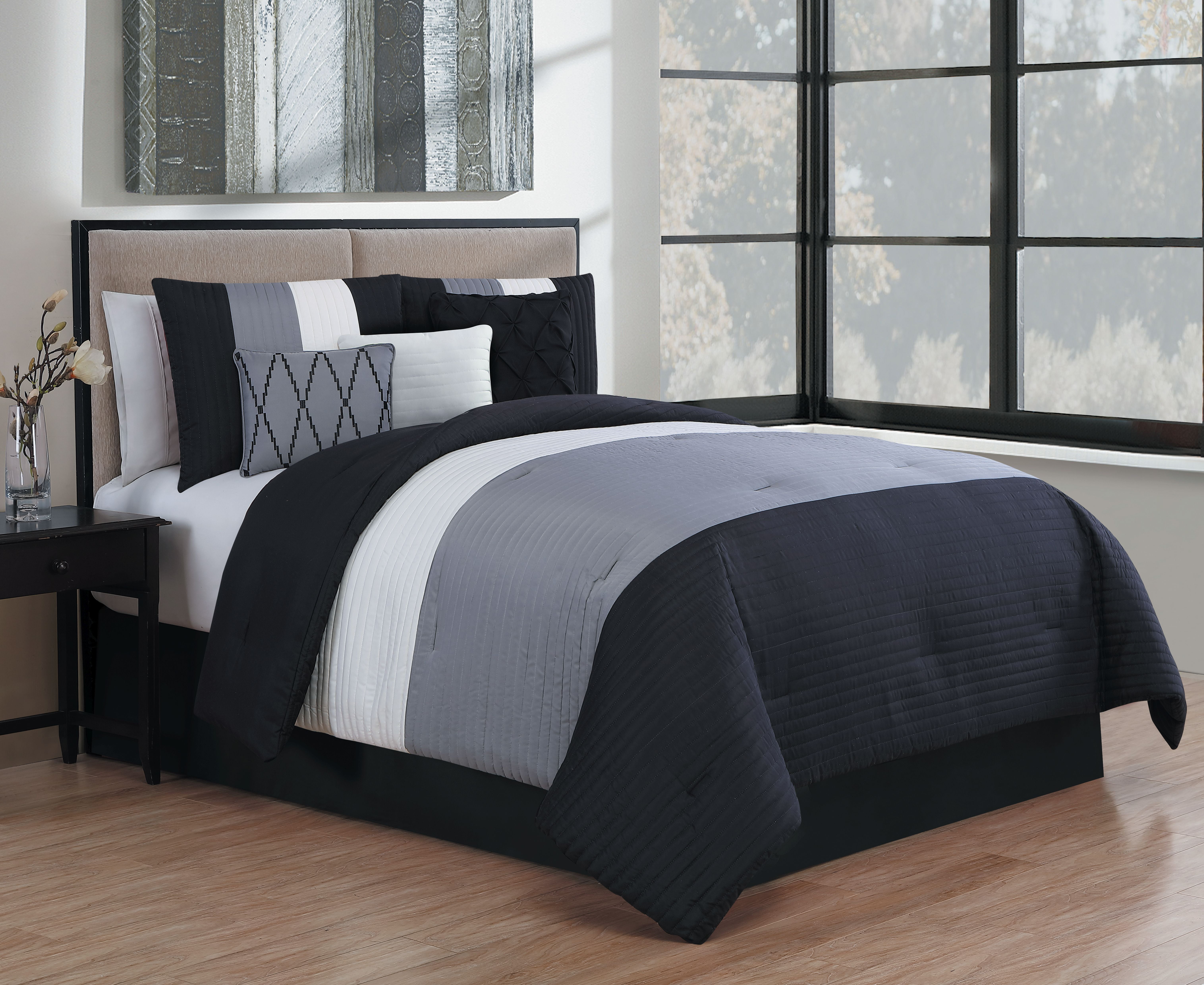 Manchester 7pc Comforter Set Queen Black/Grey/White