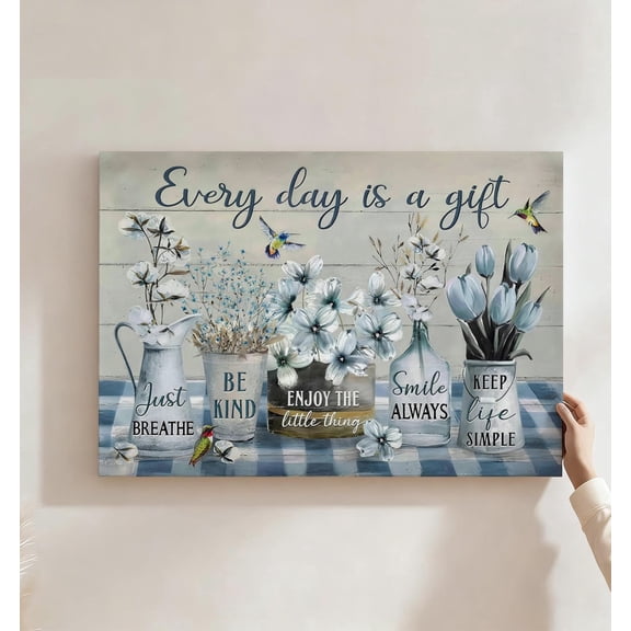 Every Day Is A Gift Blue Floral Hummingbird Canvas Wall Art, Farmhouse Positive Quote Decor, Rustic Vase & Tulip Artwork For Living Room, Bedroom, Kitchen, Ready To Hang
